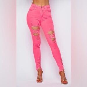Vibrant Neon Pink Distressed Skinny High-Waisted Jeans - 27